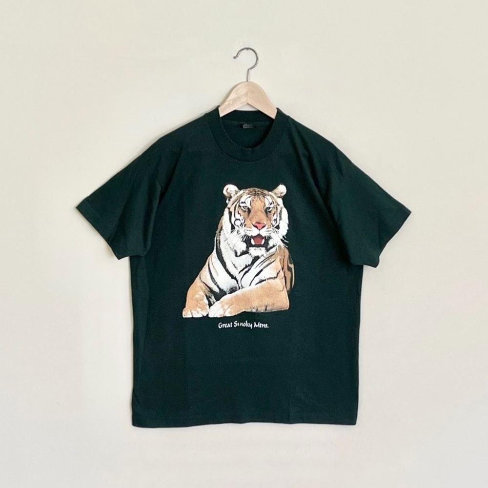 Vintage 90s Great Smokey Mountains Tiger Graphic Dark Green T Shirt Adult XL